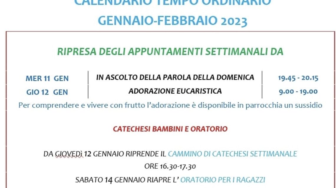 Calendario Liturgico Pastorale Gennaio-Febbraio 2023