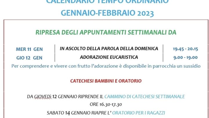 Calendario Liturgico Pastorale Gennaio-Febbraio 2023